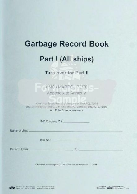 Garbage Record Book Part I and II (general cargo and bulk carriers) - edition 1/3/2018